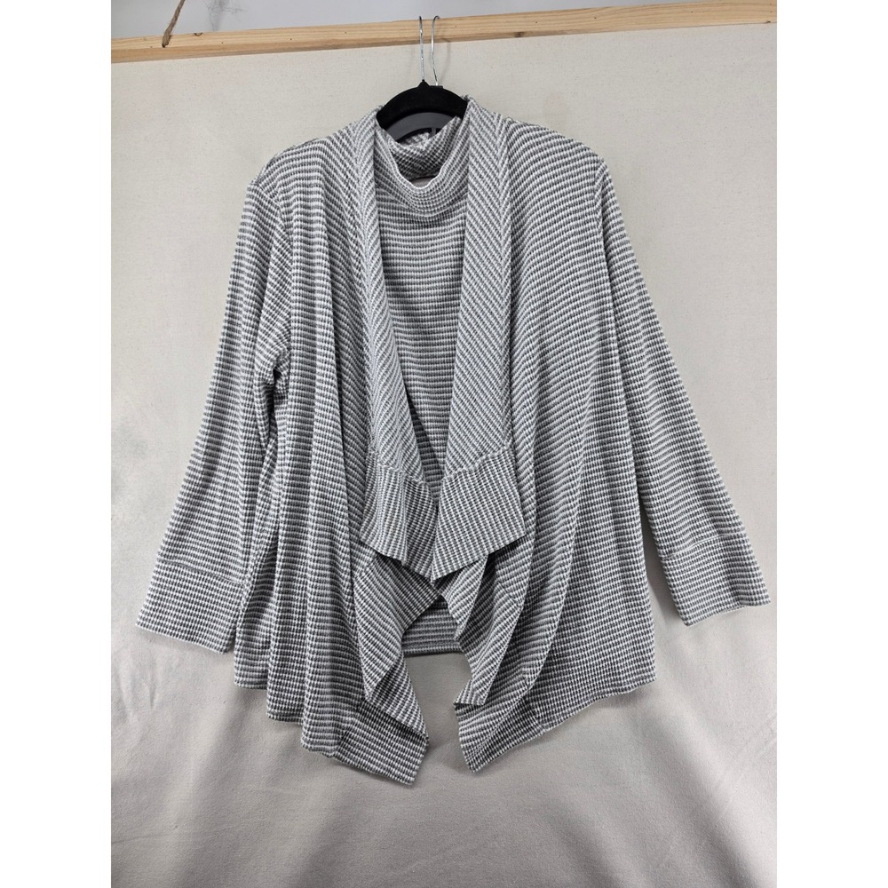 Chico's Grey White Textured Knit Twin Set Cardigan Mock Neck Shell Size 2 Large